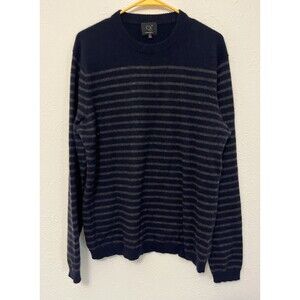 QI Men's Crew Neck Cashmere Sweater Black/Grey Stripes Size XL
